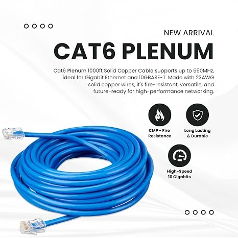 Cat6 Plenum Cable 1000 ft Solid Bare Copper Unshielded Twisted Pair